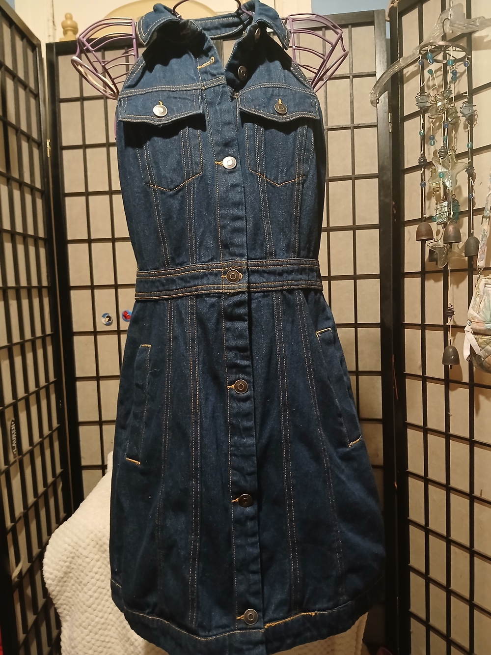 Backless Denim Button-Front Dress - Dark Blue